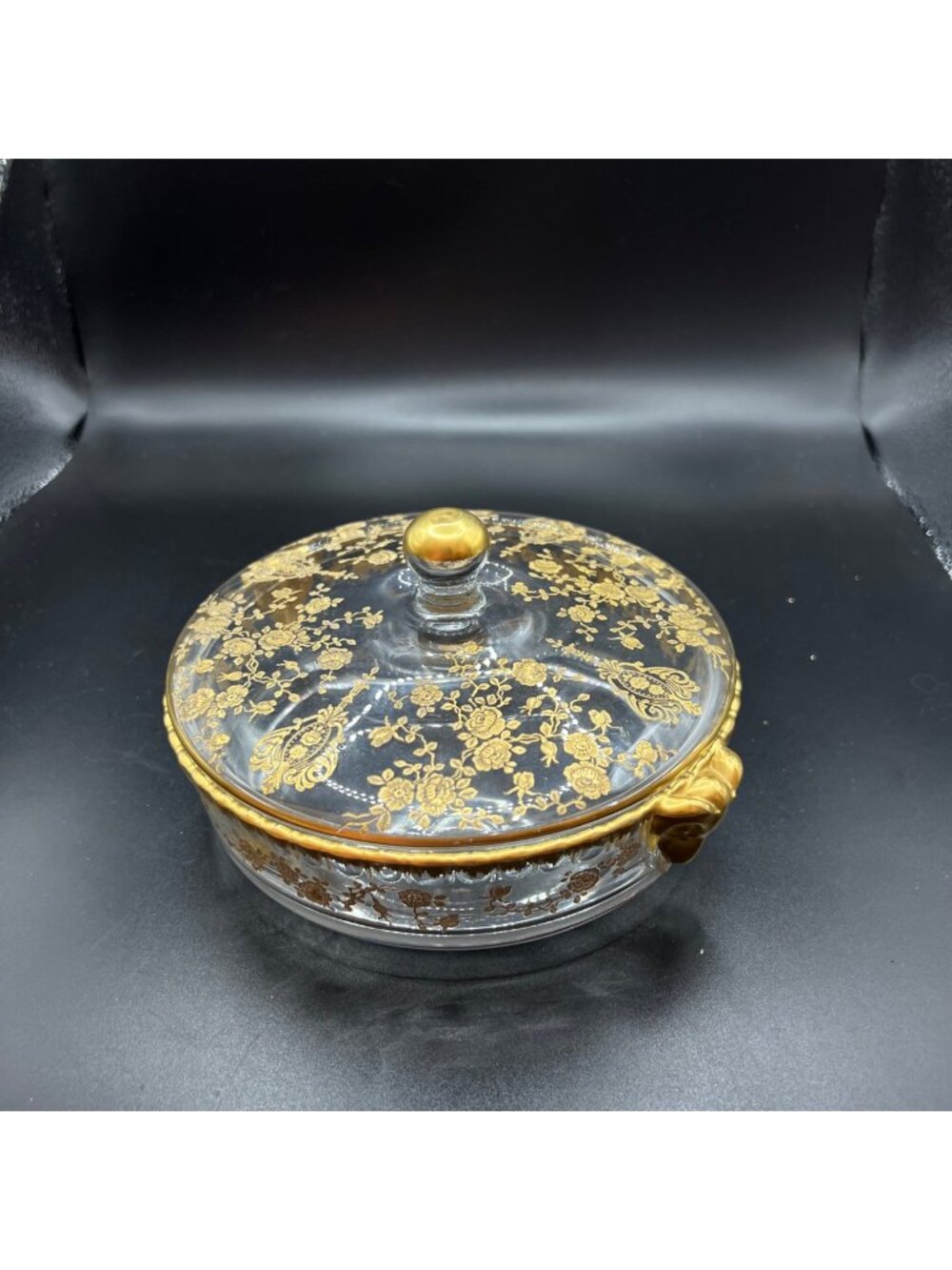 Cambridge Glass Gold Overlay Round Candy Dish With Lid intricate floral Vintage